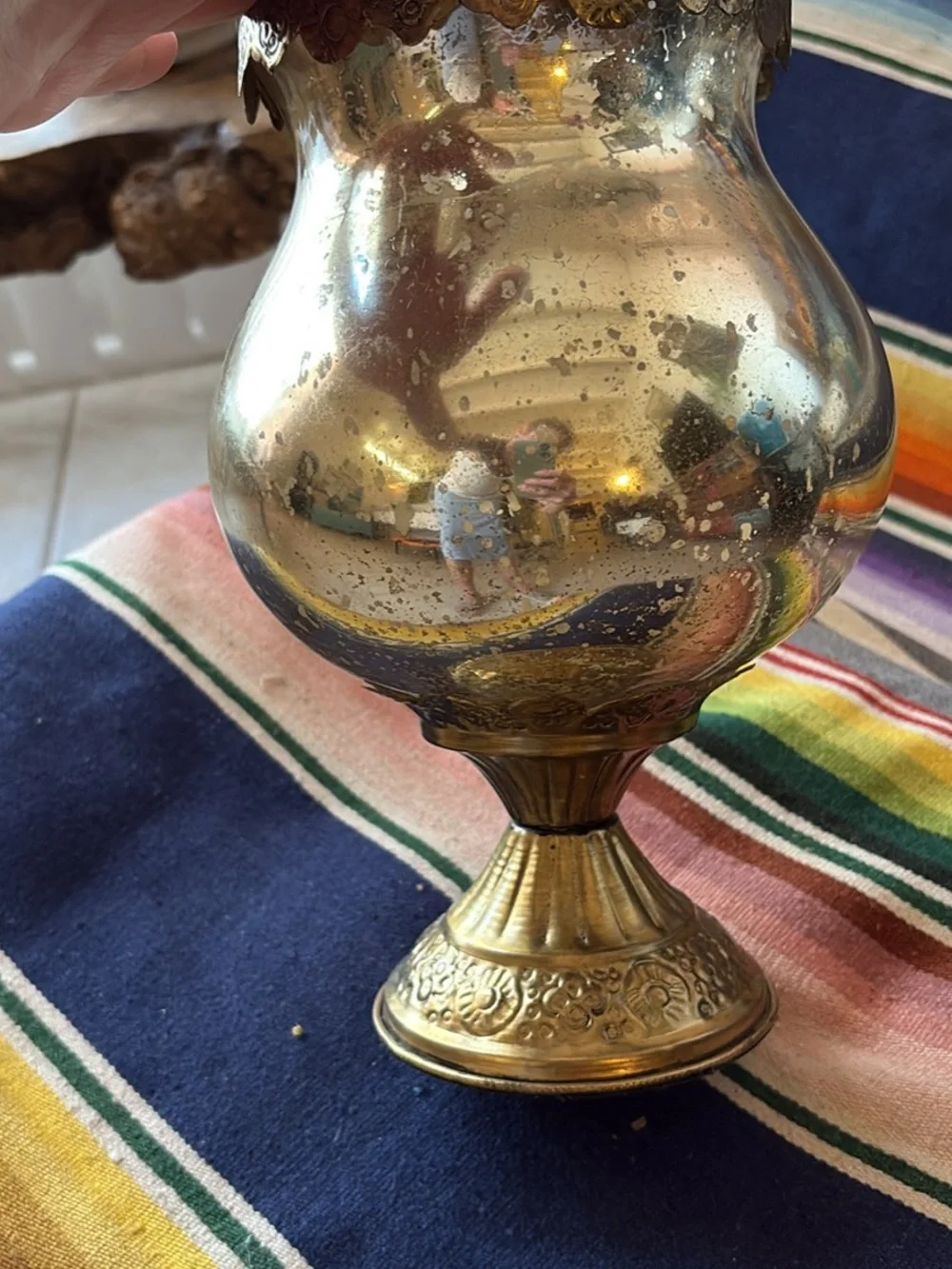 Vintage-Style Brass Mercury Glass Pedestal Vase - Gold 11” tall
